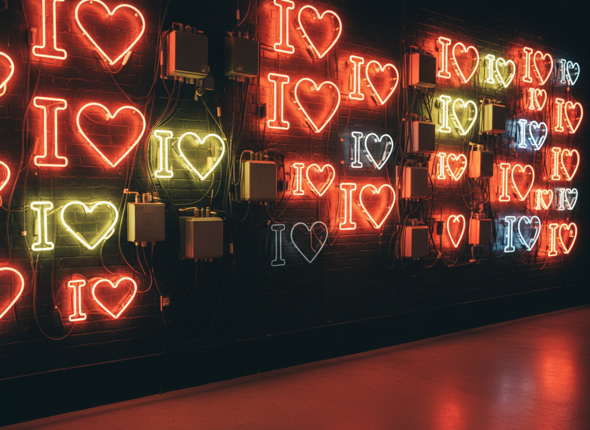 A wall of vintage neon 'I ❤' signs glowing coral and butter yellow against the dark.